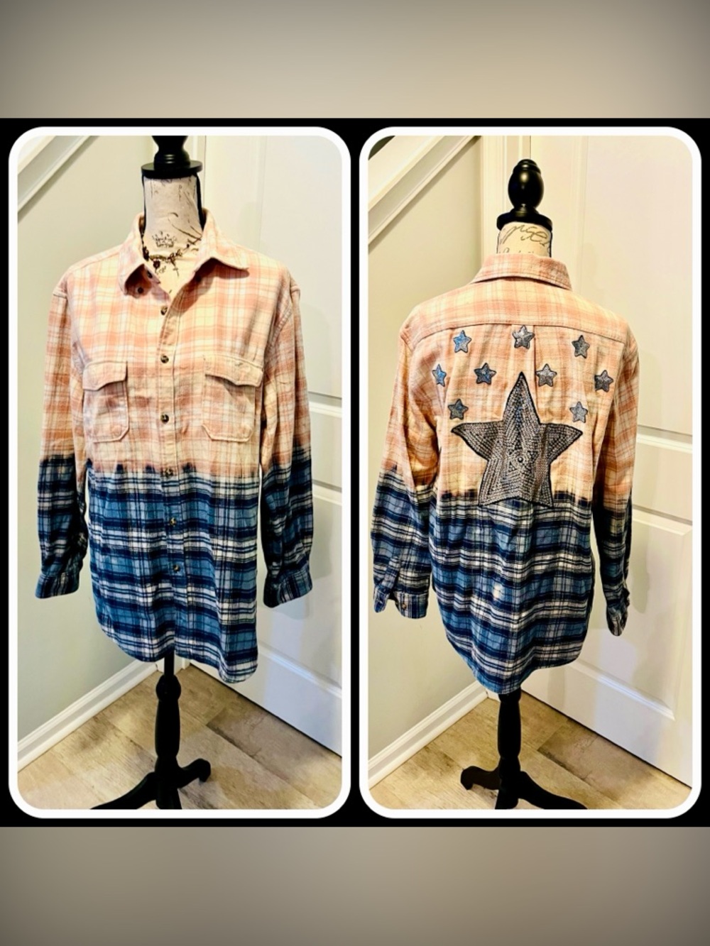 Be Love Plaid Flannel Shirt Sequin Star Patches M Oversized
